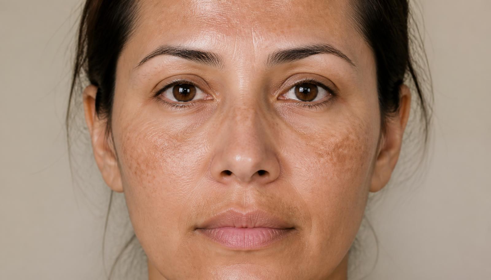 Rostro de mujer con manchas de melasma en mejillas y frente